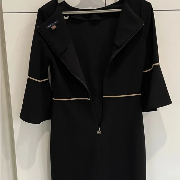 Tommy Hilfiger Women's 3/4 Bell Sleeve Elegant Black Dress With Gold Trim - Picture 12 of 16